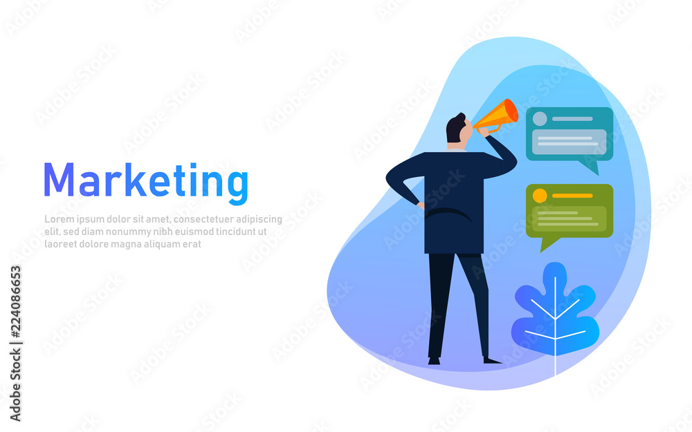 Marketing banner concept. Businessman communicates shouting loud holding a megaphone, expressing concept, idea for sales Marketing banner concept. Businessman communicates shouting loud holding a megaphone, expressing concept, idea for sales