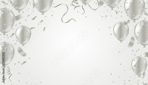 silver balloons illustration confetti and ribbons flag Celebration background template typography for greeting card, festive poster etc.