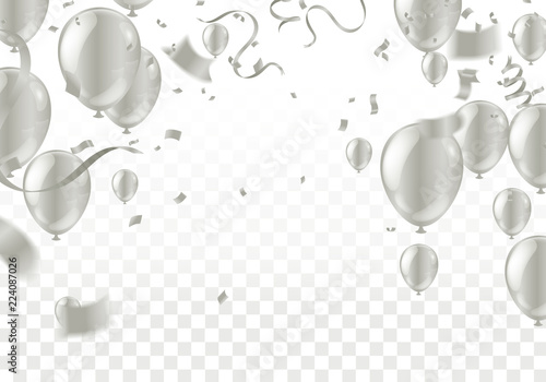 silver balloons illustration confetti and ribbons flag Celebration background template typography for greeting card, festive poster etc.
