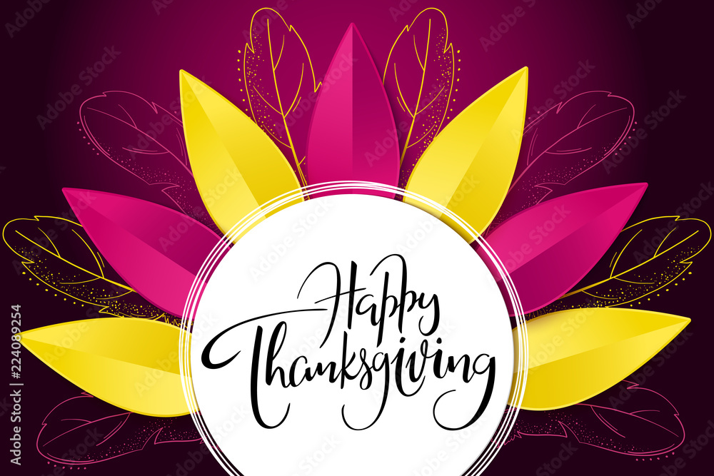 Vector greeting thanksgiving banner with hand lettering label - happy thanksgiving - with bright autumn paper leaves and doodle feathers