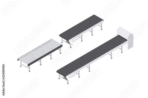 Design of conveyor belts and rollers equipment set for the industry. isometric vector illustration