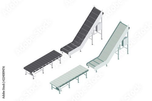 Group of machines factory automated with conveyor belt. Automated production line in the plant. Machinery for food engineering. Isometric vector flat 3d illustration photo