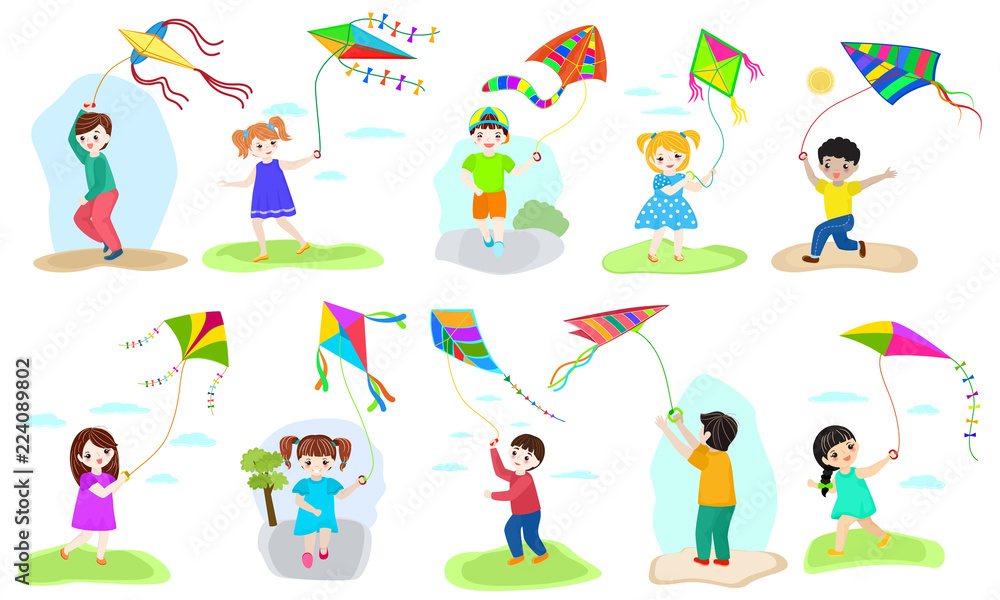 Kids kite vector child character boy and girl playing childly kiteflying activity illustration set of children with kites game isolated on white background Kids kite vector child character boy and girl playing childly kiteflying activity illustration set of children with kites game isolated on white background