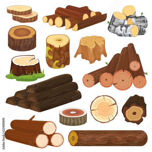 Log vector tree lumbers or logging trunks and hardwood of wooden timbered materials in sawmill illustration lumbering set of firewoods isolated on white background