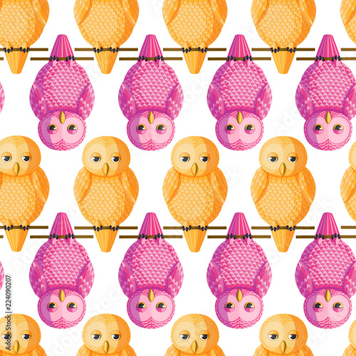 Seamless vector pattern with magenta, yellow owls.