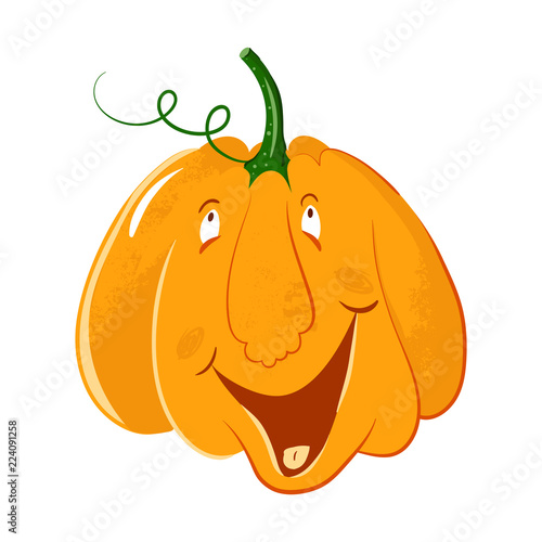vector pumpkin head portrait with happy emotions for celebration of halloween. pumpkin laughs, smiles, laughs. live pumpkin character.