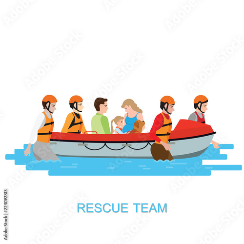 Boat rescue team helping people by pushing a boat .