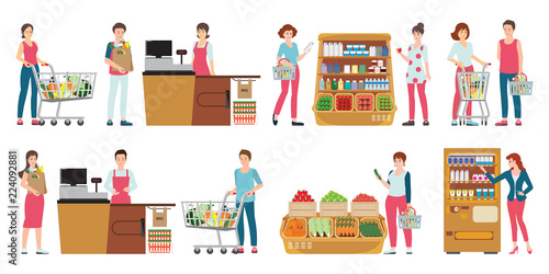 Customer and cashier in supermarket isolated on white.