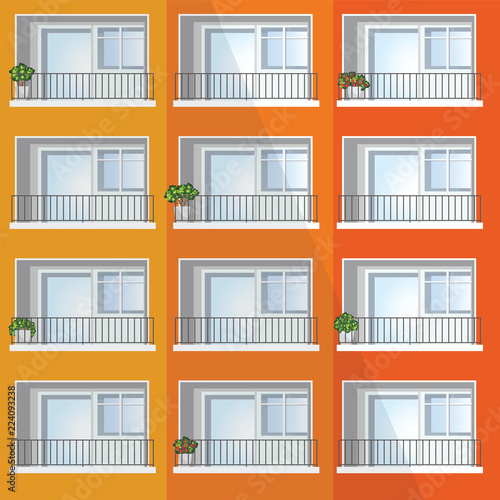 Window of colorful apartment building.