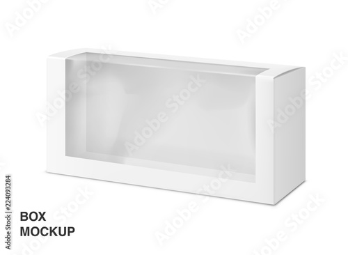 Universal mockup of blank cardboard box with transparent window. Vector illustration isolated on white background, ready and simple to use for your design. EPS10. 
