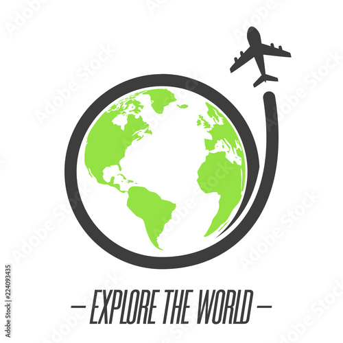 Explore the world icon with plane flying around the world

