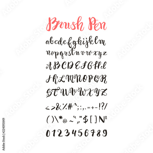 Brush pen handwritten alphabet, letters, numbers and symbols, vector font, handmade, lettering
