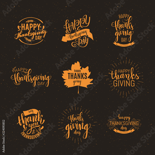 Happy Thanksgiving emblems set, brush pen calligraphy, vector illustration
