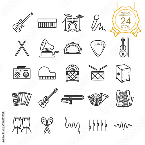 Set of musical instruments line icon on white background, Vector illustration
