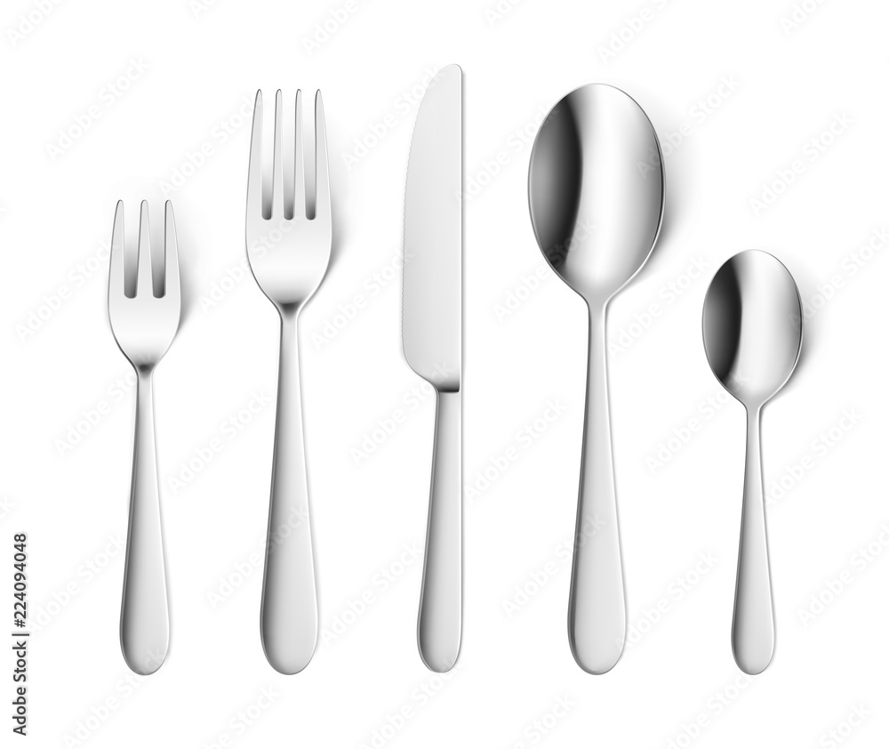 Set of realistic forks, knife and spoon isolated on white. Vector illustration ready and simple to use for your design. EPS10. Set of realistic forks, knife and spoon isolated on white. Vector illustration ready and simple to use for your design. EPS10.