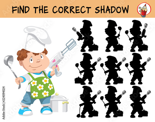 Little chef with a spoon and a mixer. Find the correct shadow. Educational matching game for children. Cartoon vector illustration
