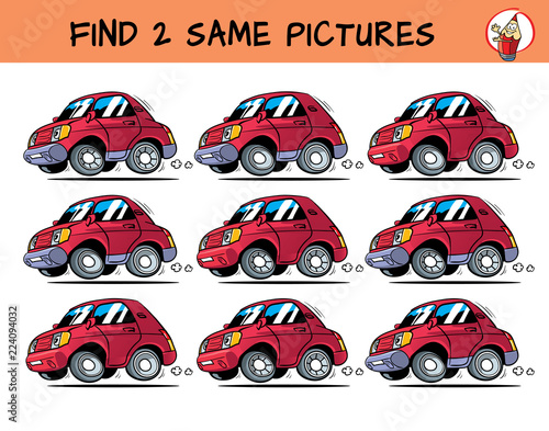 Funny red cartoon cars with eyes. Find two the same pictures. Educational matching game for children. Cartoon vector illustration