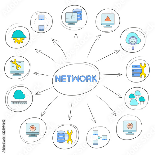 network icons in circle diagram on white background
