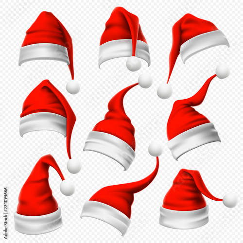 Santa Claus hats. Christmas red hat, xmas furry headdress and winter holidays head wear decoration 3D vector set