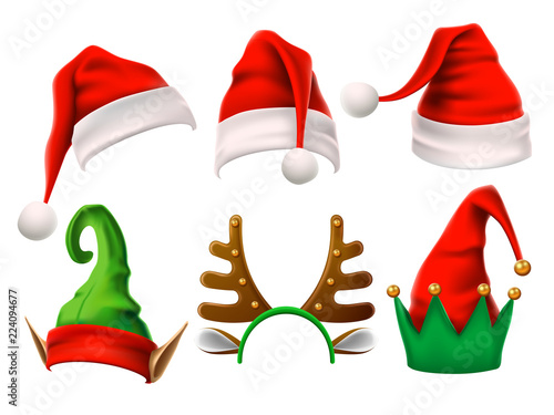 Christmas holiday hat. Funny 3d elf, snow reindeer and Santa Claus hats for noel. Elves clothes isolated vector set