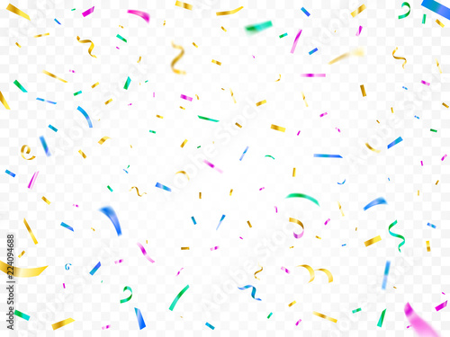 Colorful falling confetti. Christmas festival party decor, carnival decorative shiny papers and flying paper streamers vector elements