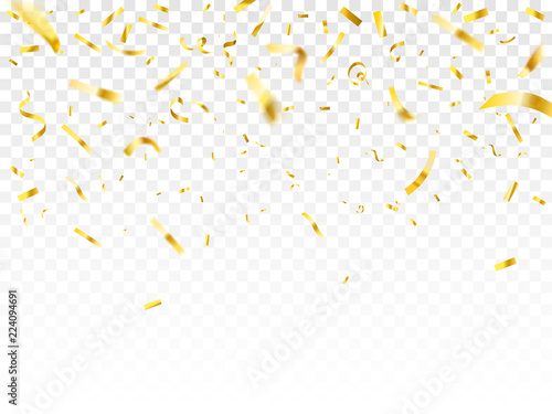Gold shiny confetti. Wedding celebration or anniversary party decor golden falling paper stripes isolated vector background