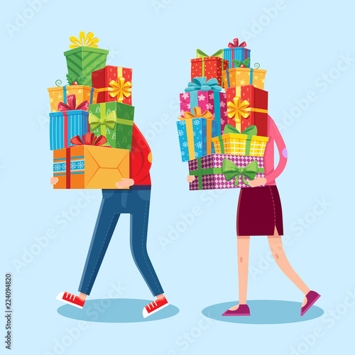 Carry gifts stack. Carrying christmas stacked presents in man and woman character hands. Heavy gift pile vector cartoon illustration