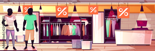 Menswear fashion boutique interior vector illustration of men clothes sale. Suits, trousers and shirts on mannequins in shop window display, dressing room and checkout counter on cartoon background
