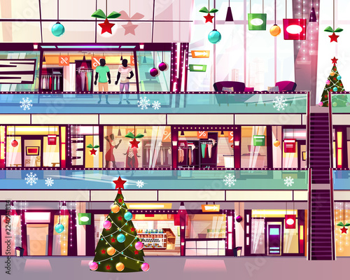 Christmas mall shops vector illustration of boutiques and Xmas tree at escalator staircase. Winter holiday decoration and sale on men and women clothes display window in multistory trade center