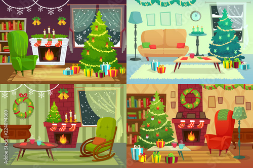 Christmas room interior. Xmas home decoration, Santa gifts under traditional tree and winter holiday house interior vector illustration