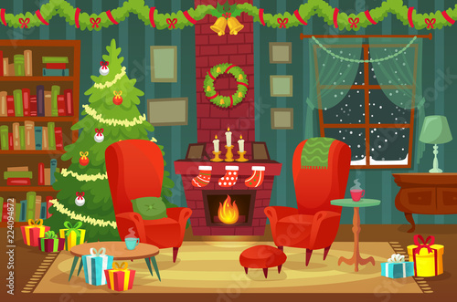 Decorated christmas room. Winter holiday interior decorations, armchair near fireplace and xmas tree vector background illustration