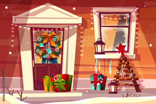 House with Christmas decorations vector illustration of wooden home entrance facade with Xmas lights, tree and gifts on snow. Cartoon background design for New Year greeting card template