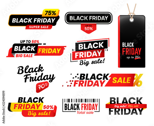 Black friday labels. Sale sticker for thanksgiving fridays sales, shopping tag stickers label designs vector set