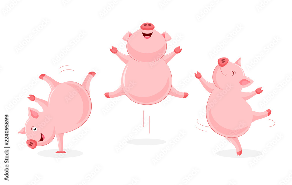 Set of funny cute cartoon pig dancing. Character design. Vector illustration isolated on white background. Set of funny cute cartoon pig dancing. Character design. Vector illustration isolated on white background.
