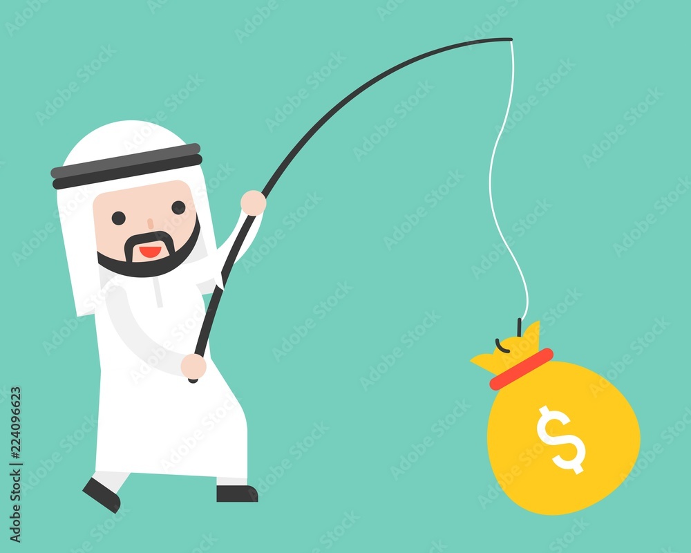 Cute Arab businessman got money bag by fishing rod, business situation  finding money concept Stock Vector