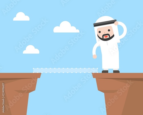 Cute Arab businessman try to find way to cross cliff because no bridge, business situation overcome obstacle concept