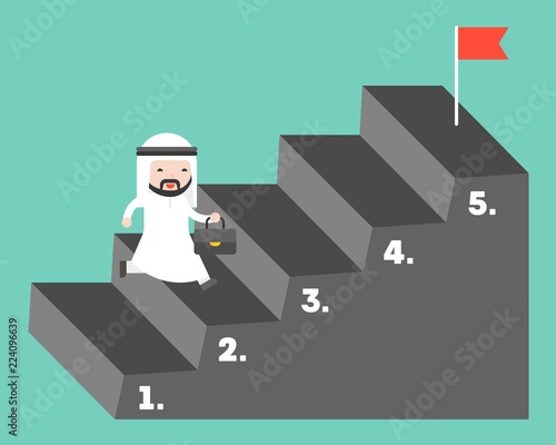 Cute Arab businessman climbing up step to reach goal, with number on side of stair, business situation about strategy or step by step concept