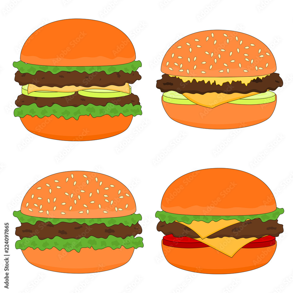 Isolated tasty fast food type of hamburger menu icon set