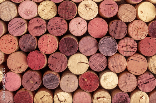 Wine corks background, overhead photo of red and white wine corks