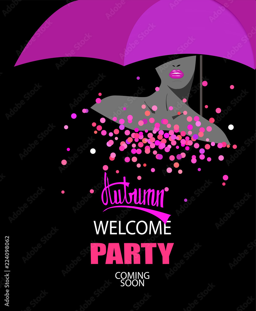 Autumn welcome party with umbrella and young woman under it. Vector illustration