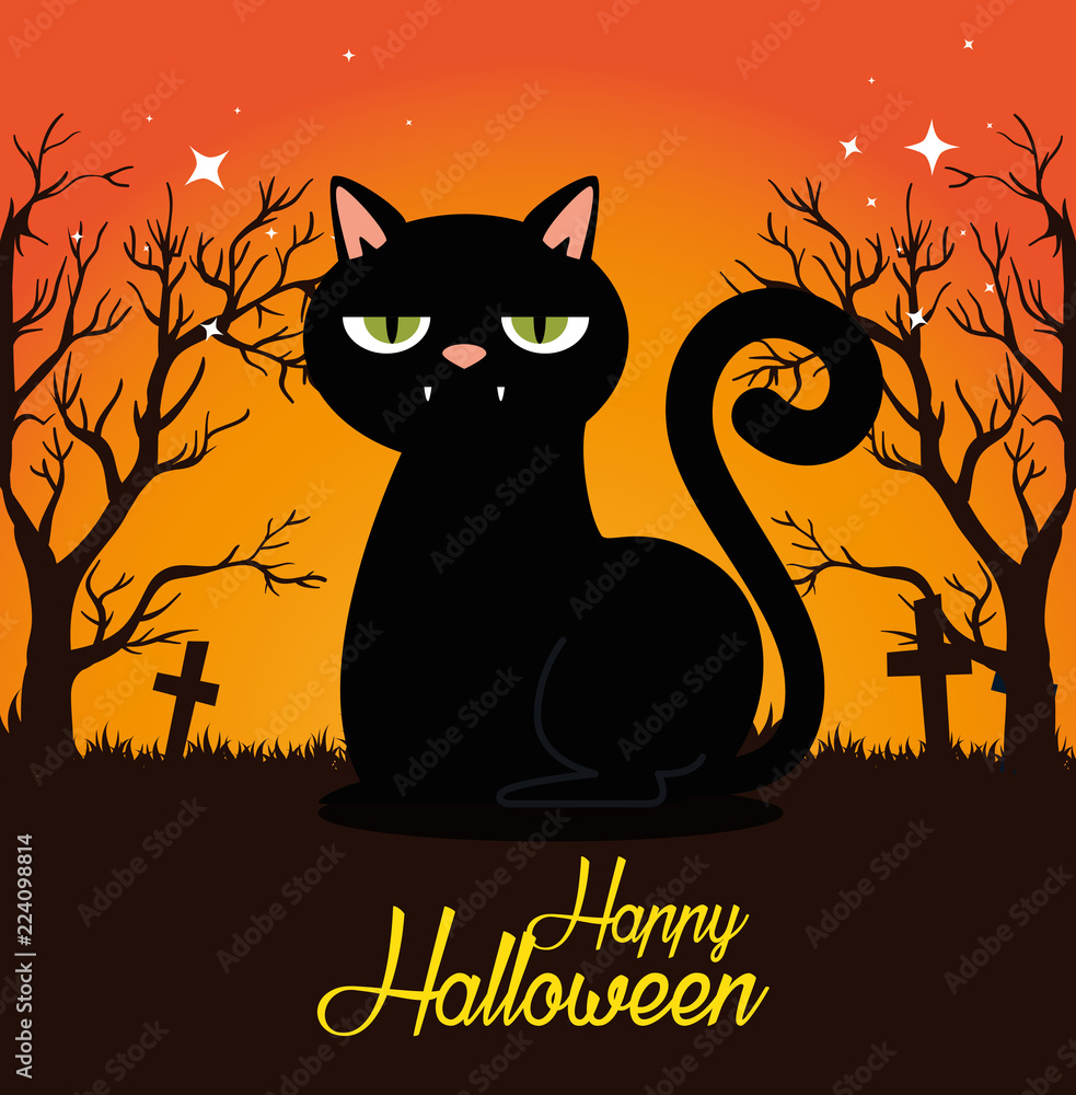 halloween card with black cat in cemetery