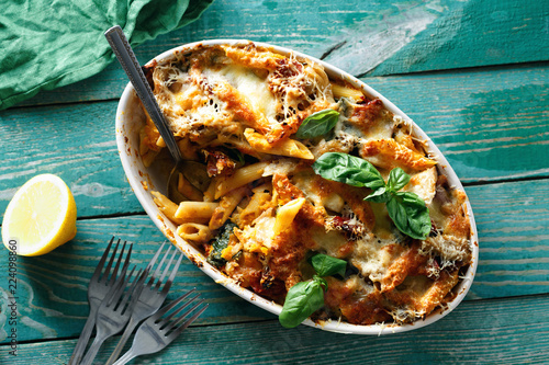 Canvas Print Baked pasta chicken ham cheese pumpkin comfort food top view