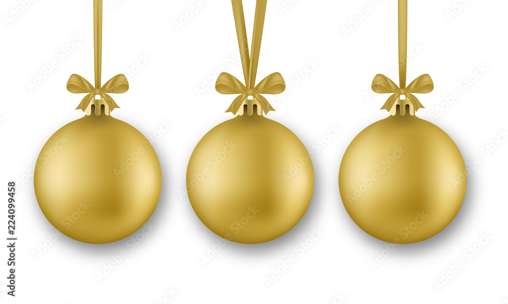 Set of Golden Christmas balls. Realistic Christmas balls decorations with silk ribbon and bow, isolated on white background Set of Golden Christmas balls. Realistic Christmas balls decorations with silk ribbon and bow, isolated on white background