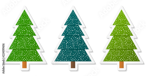 Set of abstract geometric coniferous trees stickers with snow. Three shades of green. Vector EPS 10