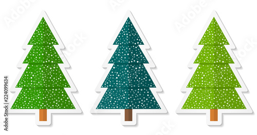 Set 2 of abstract geometric coniferous trees stickers with snow. Three shades of green. Vector EPS 10
