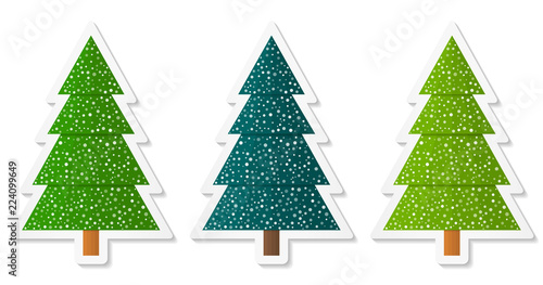 Set 3 of abstract geometric coniferous trees stickers with snow. Three shades of green. Vector EPS 10