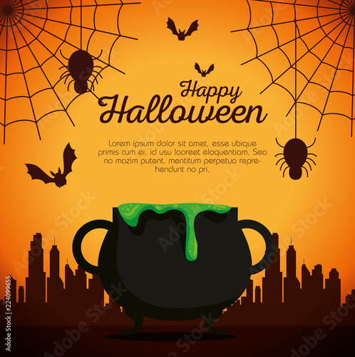 halloween card with cauldron and spiders