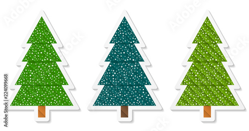 Set 4 of abstract geometric coniferous trees stickers with snow. Three shades of green. Vector EPS 10