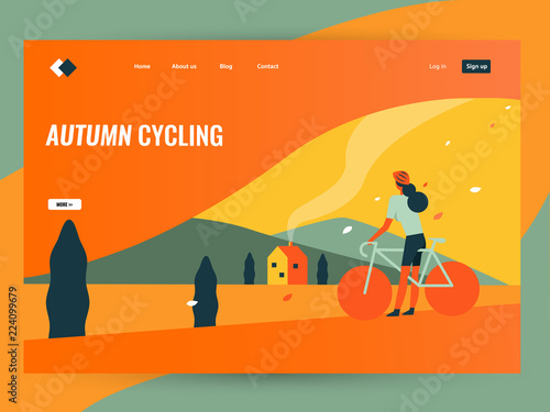  woman riding bike in autumn countryside landscape. Website landing page. flat design vector illustration