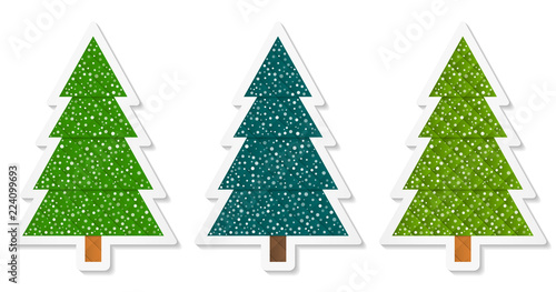 Set 5 of abstract geometric coniferous trees stickers with snow. Three shades of green. Vector EPS 10
